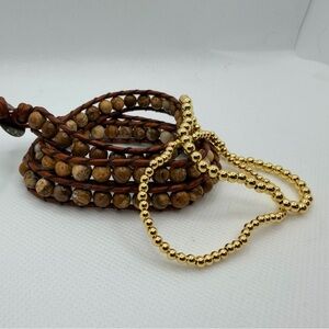 Leather Wrap Bracelet with Stone Beads + Gold-Tone Bead Bracelet | Set